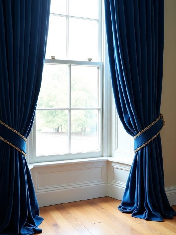 Elegant deep blue velvet curtains in a classic Norwich bay window.